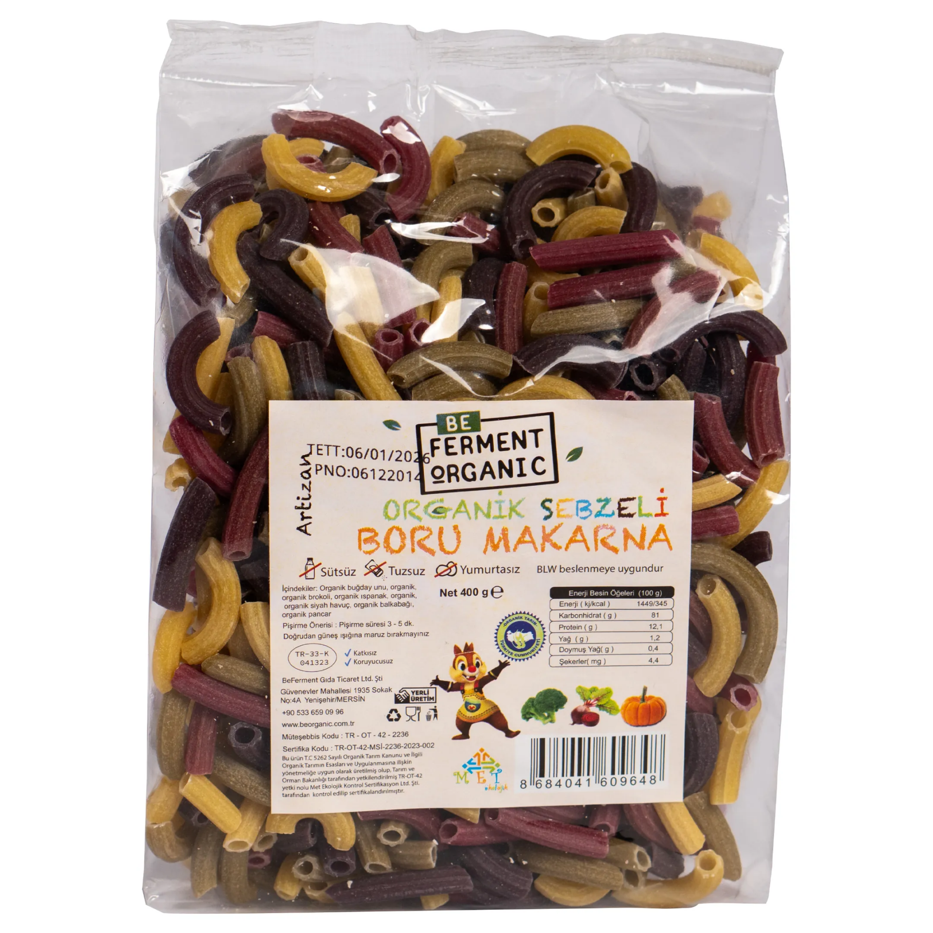 Organik Sebzeli Boru Makarna 400 Gr